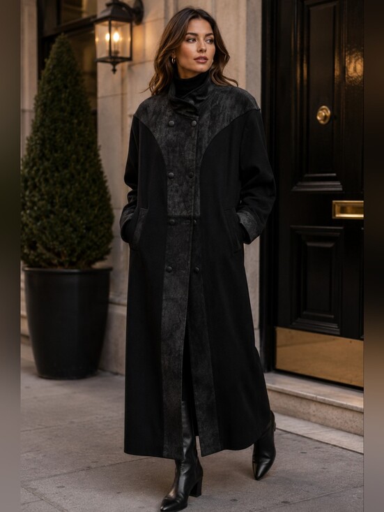 TRENDZ Jackets & Blazers - 80's Full Length Vintage Black Wool Coat With Suede Patterned Design ✨🫰🏾